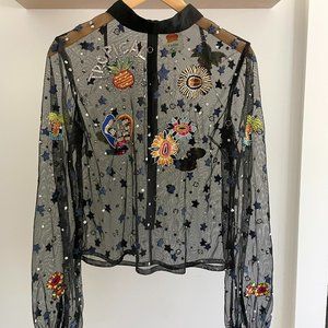 Farm Rio Sheer Top Embroidered Astrology Black Size L